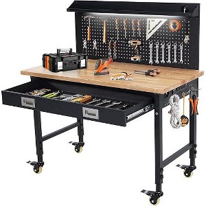 Adjustable Workbench, Heavy Duty Workbench with Drawer and Backplate, Work Table with Power Outlet and Lockable Wheels, Suitable for Garage, Workshop - 1 of 4