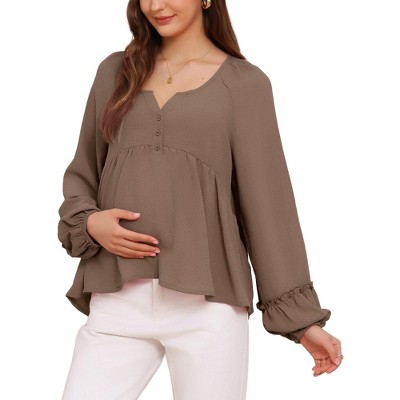 INSPIRE CHIC Women's Maternity Blouse High Low Tops Lantern Sleeve Henly Neck Button Long Sleeve Pleated Ruched Frill Pregnancy