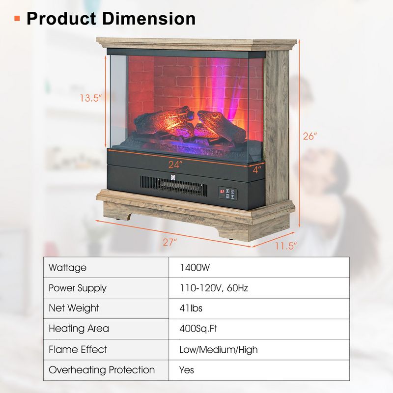 Costway 27'' Freestanding Electric Fireplace Heater w/ 3-Level Flame Thermostat, 4 of 11