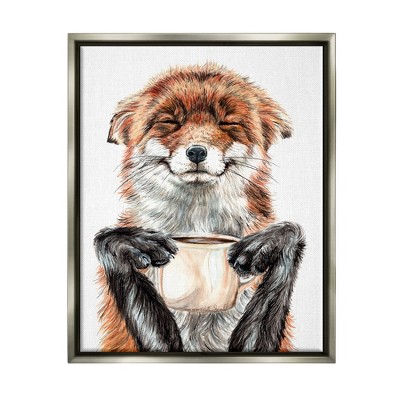 Stupell Industries Happy Fox with Coffee Framed Floater Canvas Wall Art