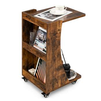 Costway Side Table with Rolling Casters Mobile C-shaped End Table with 2-Tier Open Storage Shelf &2 Back Storage Compartments Brown/Grey