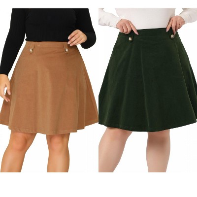 Agnes Orinda Women's Plus Size Tie Waist Button Front Pockets A-Line Midi Denim Skirts