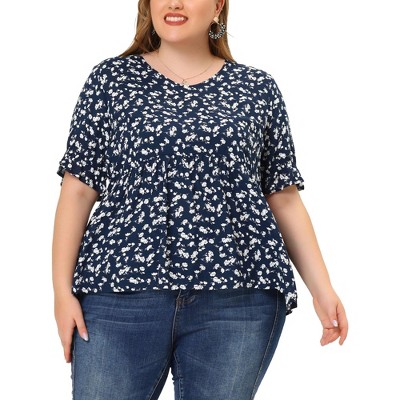 Agnes Orinda Women's Plus Size Floral Pleated V Neck Short Sleeve Tiered Babydoll Blouses