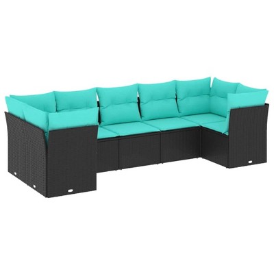vidaXL 7 Piece Patio Sofa Set with Cushions Black and Blue Poly Rattan