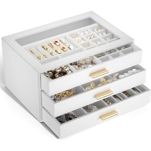 Leather Jewelry Box with Clear Lid, 2-Drawer Storage Organizer Case for Necklaces, Rings, Earrings, Bracelets - 1 of 4
