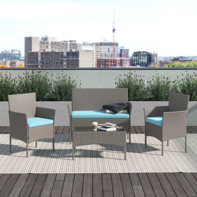 Barton 4 Pieces Outdoor Patio Furniture Set Conversation Sofa and Table Set, Gray/Aqua