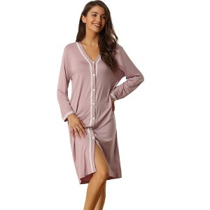 cheibear Women's Button Down V Neck Long Sleeve Pajama Nightshirt Dress - 1 of 4
