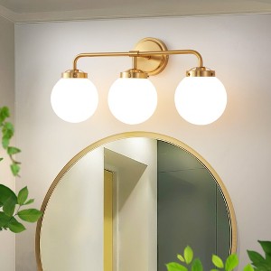 POWLIG 22.44-in 3-Light Gold Bathroom Light Fixtures Over Mirror Vanity Lighting with Milk White Glass Globe Shades - 1 of 4