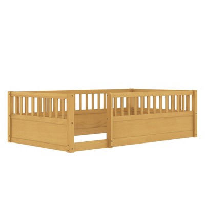 Vynxaria Twin Floor Bed Frame with Fence Wooden Kids Bed for Bedroom Playroom natural Solid Wood Safety Design