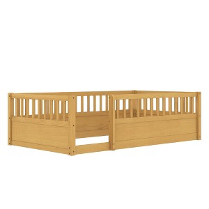 Vynxaria Twin Floor Bed Frame with Fence Wooden Kids Bed for Bedroom Playroom natural Solid Wood Safety Design - 1 of 4