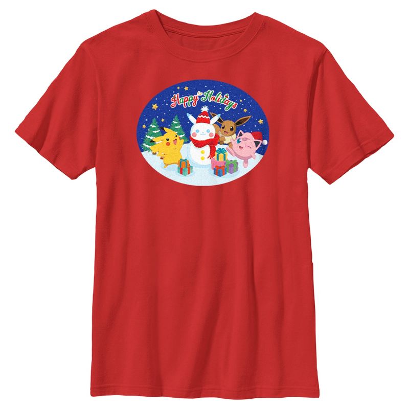 Boy's Pokemon Christmas Happy Holidays Snowman T-Shirt, 1 of 5