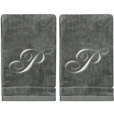 Creative Scents Gray Fingertip Monogrammed Towels Silver Embroidered