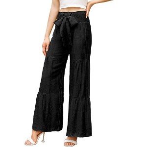 WhizMax Women's Wide Leg High Waist Pants Smocked Elastic Waist Loose Flowy Pant With Belt - 1 of 4