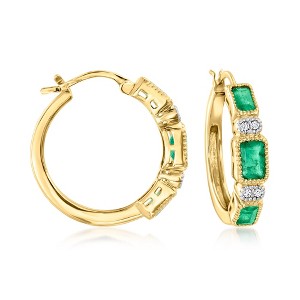 Ross-Simons 2.10 ct. t.w. Emerald and .13 ct. t.w. Diamond Hoop Earrings in 18kt Gold Over Sterling - 1 of 4