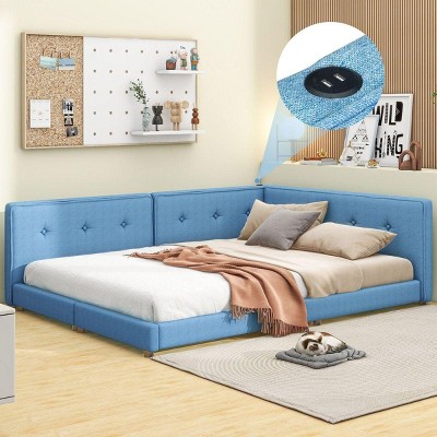 Streamdale Upholstered Full Size platform bed with USB Ports, Blue