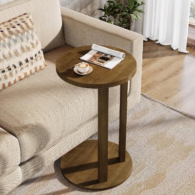 Tribesigns 2 Tier Round End Table, C-Shaped Farmhouse Wood Side Table with Storage for Living Room Bedroom, Light Walnut
