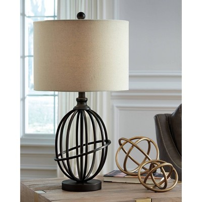 Bronze Metal Table Lamp with Beige Drum Shade, 26"