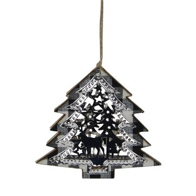 Northlight 4.25 Black and White Plaid Tree with Reindeer Ornament