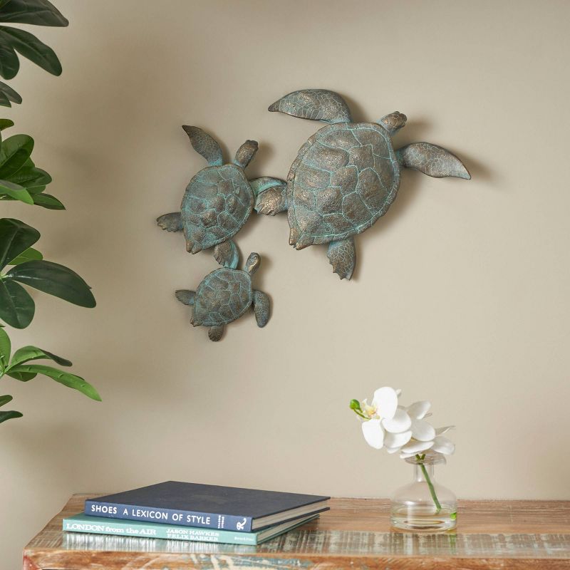 Olivia &#38; May 13&#34;x19&#34; Polystone Turtle Distressed Patina Wall Decor with Gold Foil Accents Blue, 2 of 10