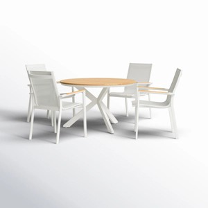 Round Planked Wood Top Outdoor Dining Set 4Piece Textured Mesh Chair Patio Furniture - 1 of 4