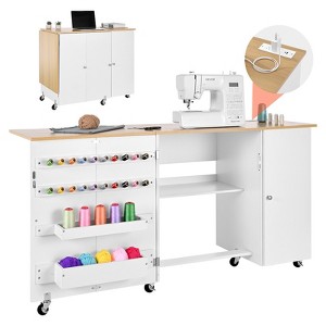 Folding Sewing Table with Storage Cabinet, Charging Station, Wheels, Pegs, and Shelves for Home Crafting - 1 of 4