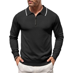 COOFANDY Men's Knit Polo Shirt Long Sleeve Quarter Zip Polo Sweater Casual Golf Shirts Vintage Striped Collar Polo - 1 of 4
