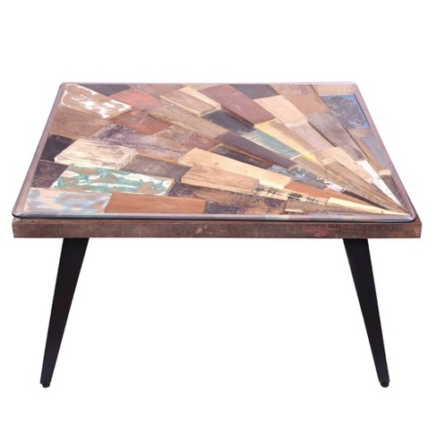 Square Wooden Coffee Table With Sunburst Design Glass Inserted Top The Urban Port Target