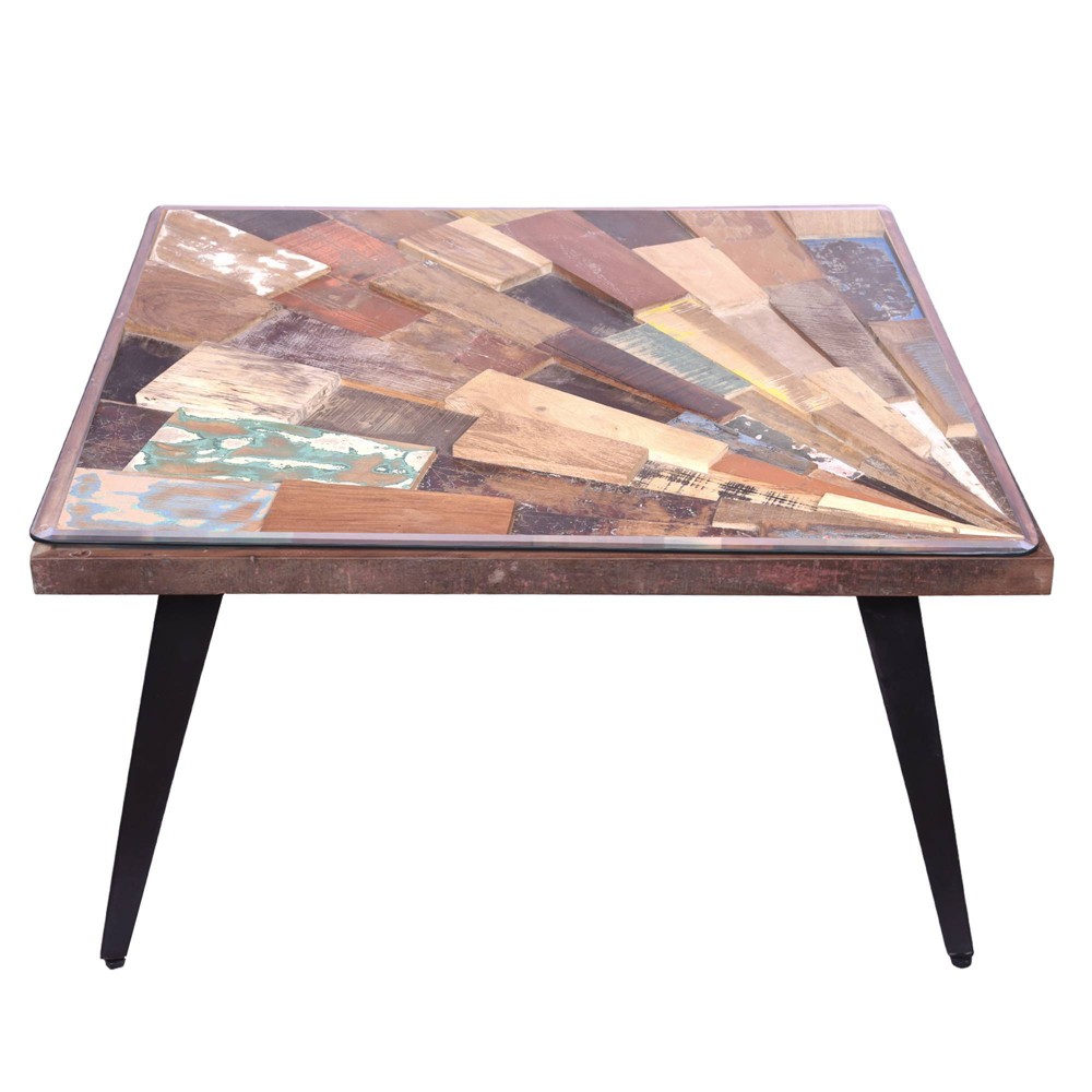 Square Wooden Coffee Table With Sunburst Design Glass Inserted Top The Urban Port