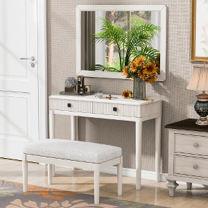 Modern Vanity Desk with Mirror, Adult Makeup Table Set with Stool, Home Office Desk, 2 Large Drawers, White - 1 of 4