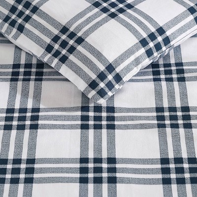 Navy Blue Plaid Cotton Full/Queen Duvet Set with Shams