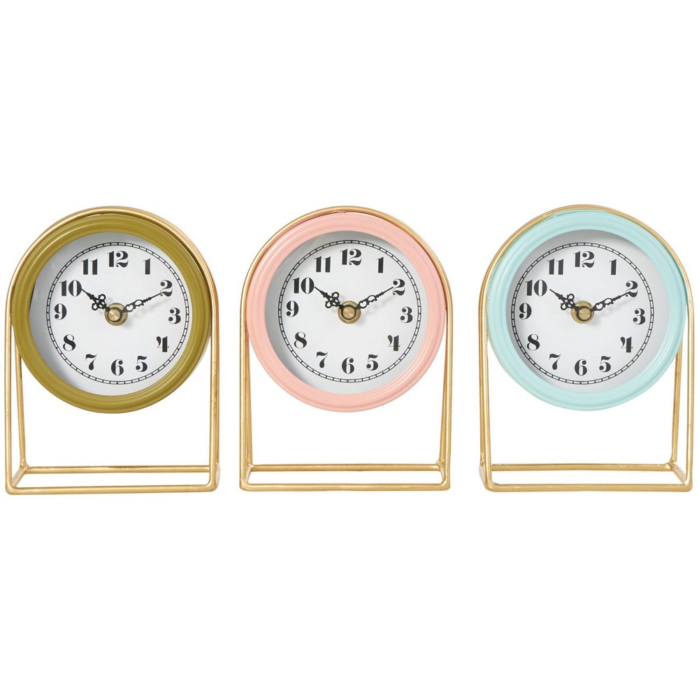 Photos - Wall Clock Set of 3 Metal Pastel Tabletop Clocks with Gold Frame - Olivia & May