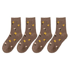 Anna-Kaci Women's 4 Pairs Knit Socks with Floral and Plaid Patterns Soft Warm Fabric and Ribbed Comfort Cuffs - 1 of 4