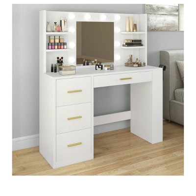 Vanity Desk With Large Lighted Mirror 10 LED Bulbs 3 Adjustable Light Modes 4 Drawers and 8 Open Storage Shelves
