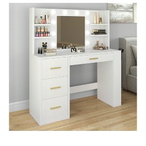 Vanity Desk With Large Lighted Mirror 10 LED Bulbs 3 Adjustable Light Modes 4 Drawers and 8 Open Storage Shelves - 1 of 4