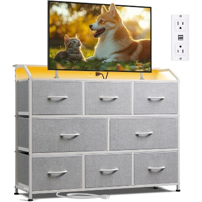 8 Dresser TV Stand with Power Outlets, Led Dresser for Bedroom, Fabric Chest of Drawers with Double Open Shelves, Wood Top, Steel Frame