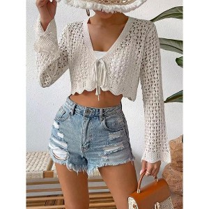 Coolmee Women Tie Front Cropped Cardigan Crochet Shrug Sweater Hollow Out Bell Long Sleeve Knit Crop Top - 1 of 4