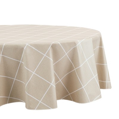 Natural Oval Vinyl Tablecloth with Modern Grid Pattern