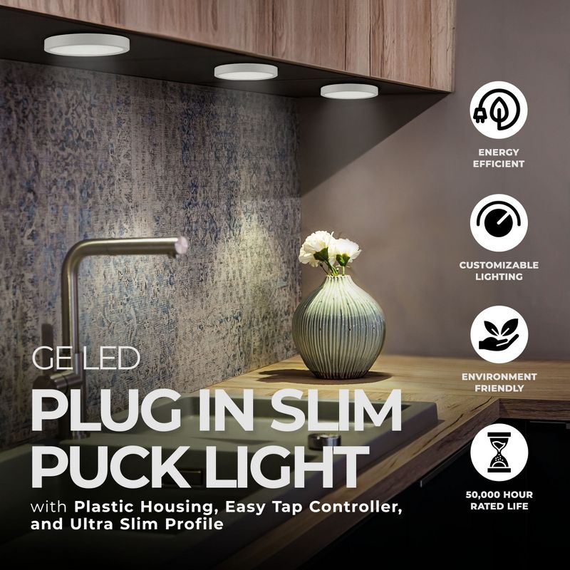 GE LED Plug In Slim Puck Light with Plastic Housing, Easy Tap Controller, and Ultra Slim Profile for Under Counter Fixtures, White, 4 of 7