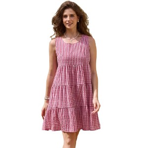 INSPIRE CHIC Women's Gingham Mesh Sleeveless Scoop Neck Lined Swing Tiered A-Line Mini Dresses - 1 of 4