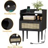 Homhougo Rattan Nightstand Set of 2, Modern Side Table with Charging Station, Mid Century End Table with Drawer and 2 Open Storage Shelves, Black - 4 of 4