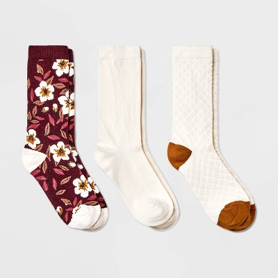 Women's Floral Print 3pk Crew Socks - A New Day™ Burgundy/Ivory 4-10