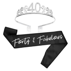 Blue Panda 40th Birthday Sash and Tiara for Women, Forty and Fabulous Party Decorations (Black Satin) - 1 of 4
