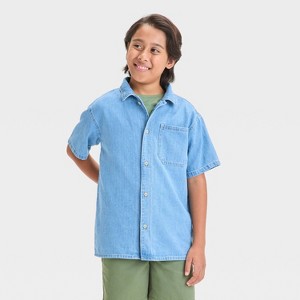 Boys' Short Sleeve Denim Button-Down Shirt - Cat & Jack™ Light Wash - 1 of 3