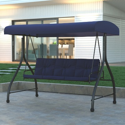 Navy Steel Frame Outdoor 3-Seat Patio Swing with Canopy and Cushions