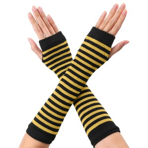 Allegra K Women's Stripe Print Knitted Fingerless Elbow Length Gloves Warmers One Size 1 Pair - 1 of 4