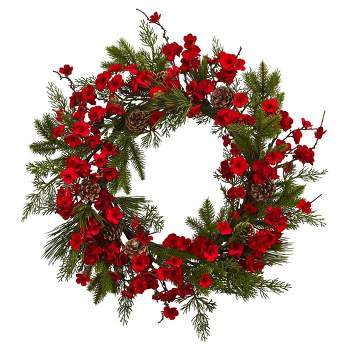 Plum Blossom Pine Wreath (24") - Nearly Natural