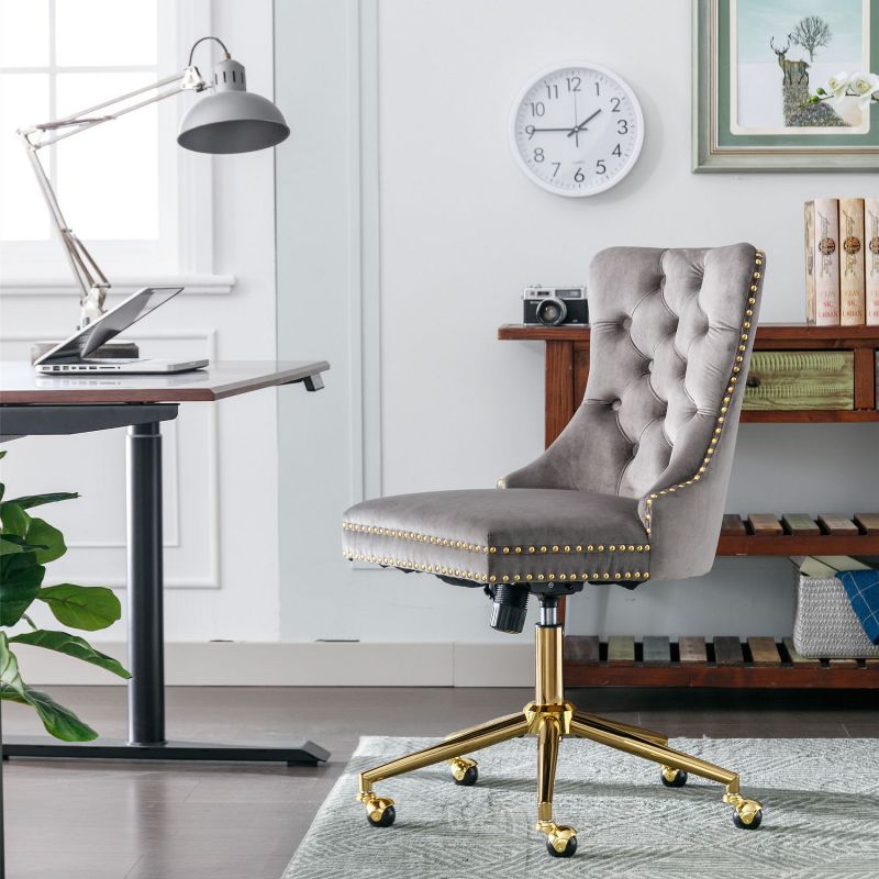 Swivel Furniture Office Chair, Adjustable Desk Ergonomic Chair, Velvet Upholstered Tufted Button Home Office Chair with Golden Metal Base-The Pop Home, 3 of 10