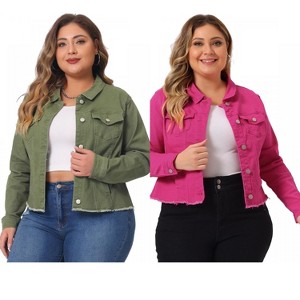 Women's Plus Size 2 Pieces Classic Denim Front Frayed Casual Long Sleeve Fashion Jean Jackets - Agnes Orinda - 1 of 4