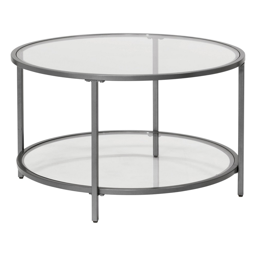 studio designs 28" Round Camber Elite Coffee Table Pewter : Modern Tempered Glass, Steel Frame, 4-Leg Base