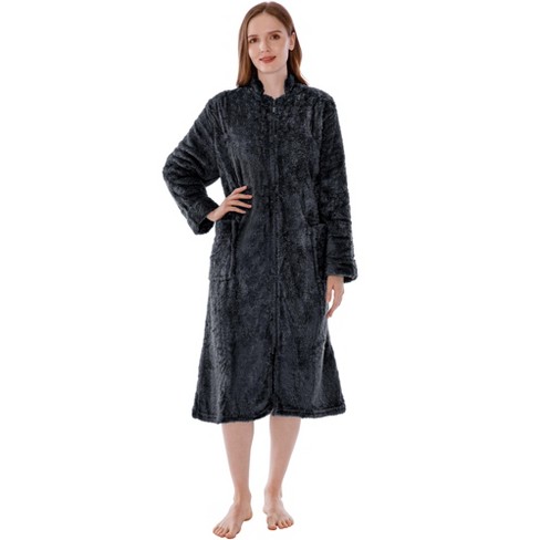 Women's Zip Up Plush Fleece Robe Hooded Warm Long Bathrobe Dressing